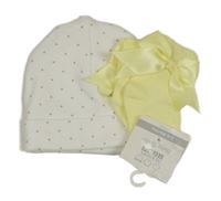 2 set - bílá puntíkatá bavlněná čepice + žluté ponožky s mašlí 