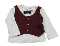 Nové - bílé triko s červeno-černou našitou vestou a motýlkem 