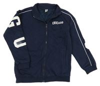 Tmavomodrá propínací mikina s nápisem Tu