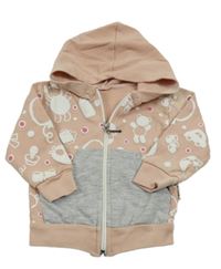 Světlerůžová vzorovaná propínací mikina s šedou kapsou a kapucí 