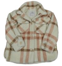 Bílo-růžová kostkovaná chlupatá podšitá košilová bunda Nutmeg