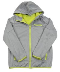 Šedá melírovaná softshellová bunda s neonovým zipem a kapucí Crivit