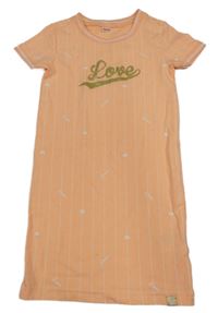 Oranžové pruhované šaty se zlatým nápisem 