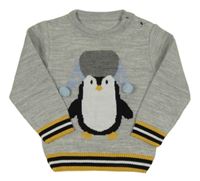 Šedý lehký svetr s lemem a tučňákem 