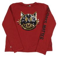 Červená mikina s kočkou z flitrů 