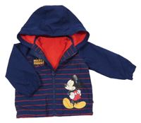 Tmavomodro-červená pruhovaná šusťáková podzimní bunda s Mickeym a kapucí Disney