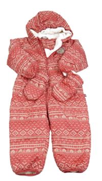 Růžovo-bílá vzorovaná šusťáková zimní kombinéza s výšivkou a kapucí + rukavice Impidimpi