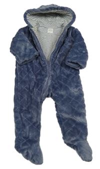 Tmavomodrá plyšová prošívaná zateplená kombinéza s kapucí 
