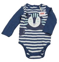 Nové - Tmavomodro-bílé pruhované body se zvířátkem  