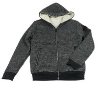 Černo-šedá melírovaná propínací zateplená mikina s kapucí 