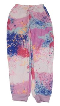 Růžovo-tmavomodro-fialové vzorované plyšové pyžamové kalhoty 