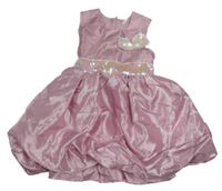 Růžové saténové šaty s flitry a 3D mašlí 