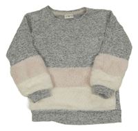 Šedo-růžovo-bílý melírovaný svetr s kožešinovými prvky F&F