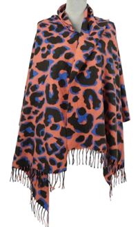 Dámská růžovo-šedo-modrá vzorovaná šála s třásněmi