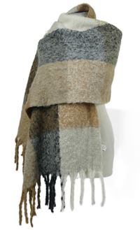 Dámská béžovo-šedá kostkovaná maxi šála s třásněmi 