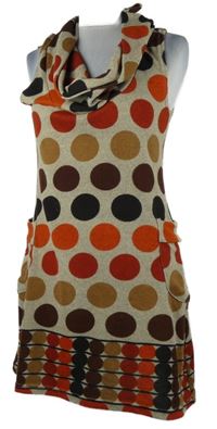 Dámské béžovo-barevné puntíkované pletené šaty s komínovým límcem Purplish