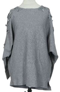 Dámský šedý volný svetr s krajkou a pajetkami Enzoria 