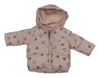 Světlerůžová šusťáková zimní bunda se srdíčky a kapucí Primark