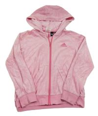 Světlerůžová sametová propínací mikina s logem a kapucí Adidas