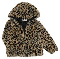 Hnědo-černá leopardí kožešinová podšitá bunda s kapucí H&M