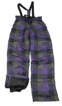 Fialovo-černé kostkované šusťákové funkční oteplovačky s kšandami 