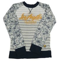 Šedo-tmavomodrá pruhovano/květovaná mikina s nápisem WE