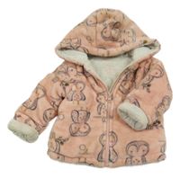 Růžová chlupatá zateplená bunda s tučňáky a kapucí F&F