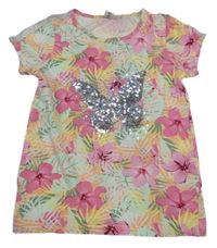 Zelenkavo-růžové tričko s listy a flitry Dopodopo