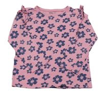 Růžové triko s kytičkami a volánky Sinsay