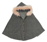 Šedé flaušové pončo s kapucí a kožíškem 