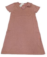 Nové - Růžové třpytivé svetrové šaty s mašlí H&M