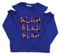 Safírové mikinotriko s nápisem z flitrů a průstřihy M&S