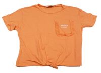 Oranžové crop tričko s uzlem a nápisem LC Waikiki