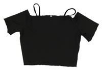 Černé žebrované crop tričko s volnými rameny 