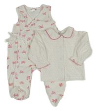 2set - Bílé sametové dupačky s mašličkami + bílé propínací puntíkatá mikina Smily