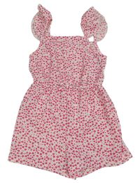 Bílo-tmavorůžový květovaný vzorovaný letní overal s volánky PRIMARK