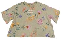 Béžové melírované crop tričko s kytičkami a nápisy H&M