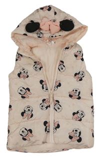 Světlerůžová puntíkatá prošívaná šusťáková zateplená vesta s Minnie a kapucí Disney