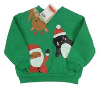 Nové - zelená vánoční mikina se Santou a sobem a tučňáčkem H&M