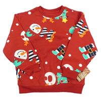 Nové - červená mikina se sněhuláčky a dinosaury s vánočním motivem zn. PRIMARK