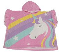 Růžovo-fialovo-žluto-mátová froté pončo osuška s jednorožcem a volánky a kapucí Matalan