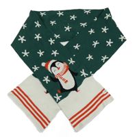 Smaragdovo-smetanová pletená šála s tučňáčky s vánočním motivem a pruhy 