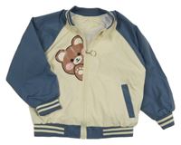 Smetanovo-modrošedý šusťákový jarní bomber s medvídkem a pruhy 