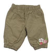 Hnědé cuff plátěné podšité kalhoty s květy Topomini