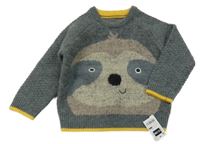 Nové - tmavošedo/žlutý melírovaný svetr s lenochodem St. Bernard