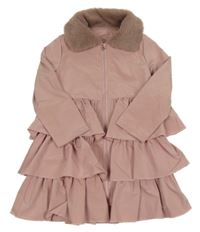Starorůžový šusťákový jarní kabát s volánky a kožešinovým límečkem SHEIN
