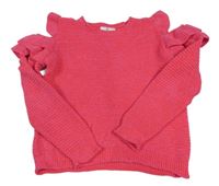 Tmavorůžový žebrovaný žinylkový svetr s volnými rameny a volánky M&S