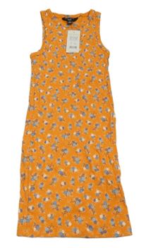 Nové - oranžové žebrované elastické šaty s kytičkami New Look