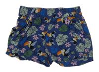 Tmavomodré kraťasy s tukany a lístečky a volánky POCOPIANO