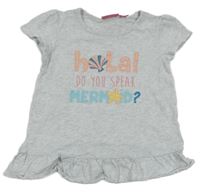 Světlešedé melírované tričko s nápisy a mušlí a hvězdicí impidimpi